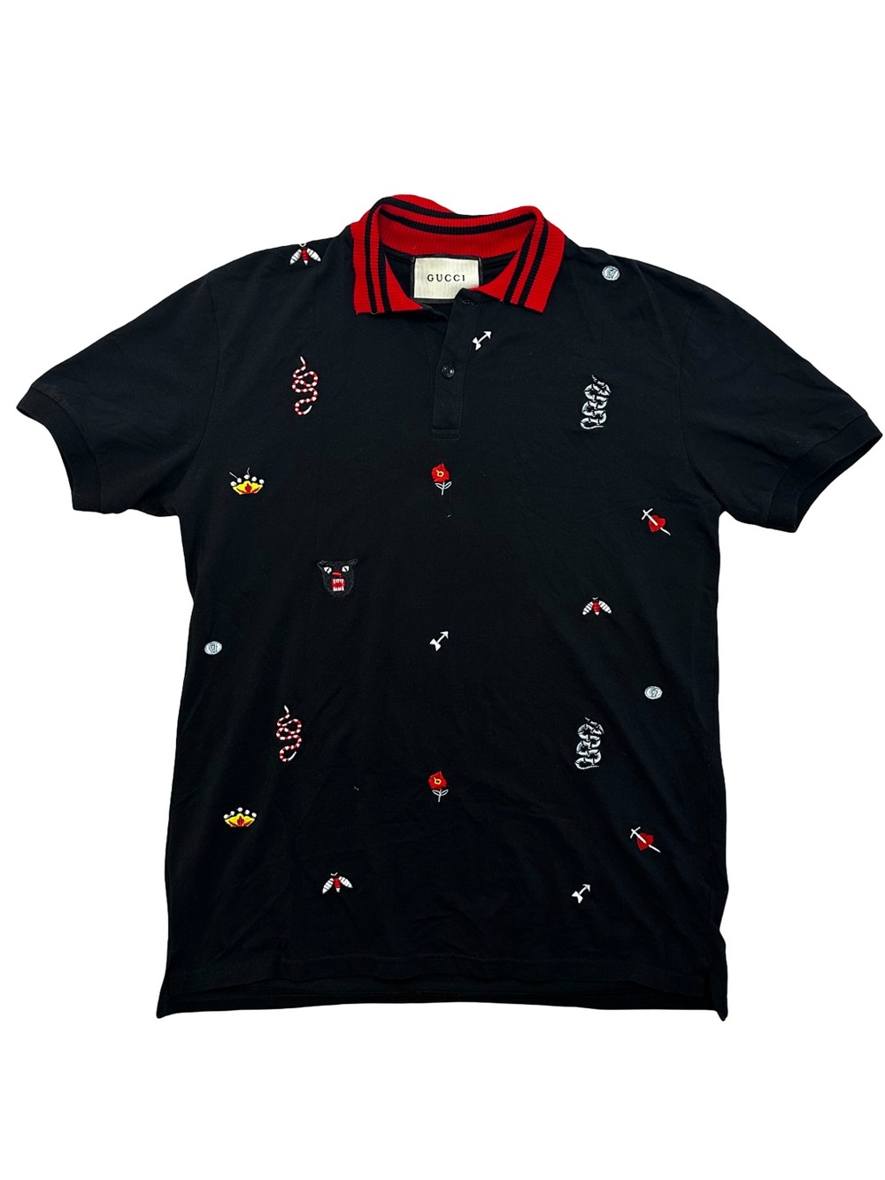 Gucci Black Polo with Red-Trim Embroidered Motifs